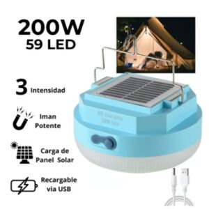 Lámpara Led Portátil Foco Recargable 200W 2 Modos de carga:  Solar y por Cable Usb Tipo C